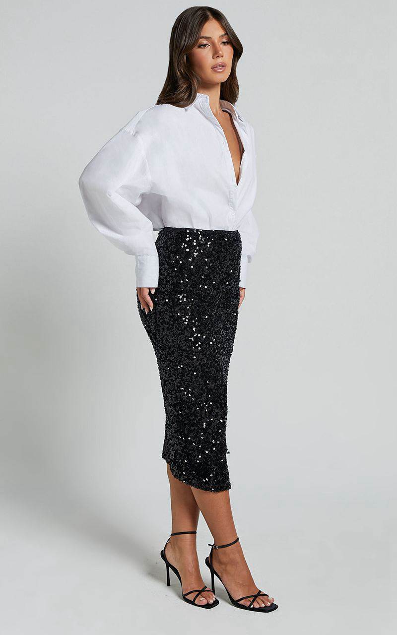 Showpo Hasley Midi Skirt - Sequin Bodycon Skirt Black | BISUCE578