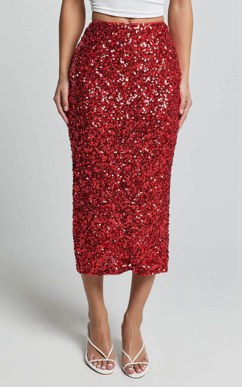 Showpo Hasley Midi Skirt - Sequin Bodycon Skirt Red | UIMJDN136