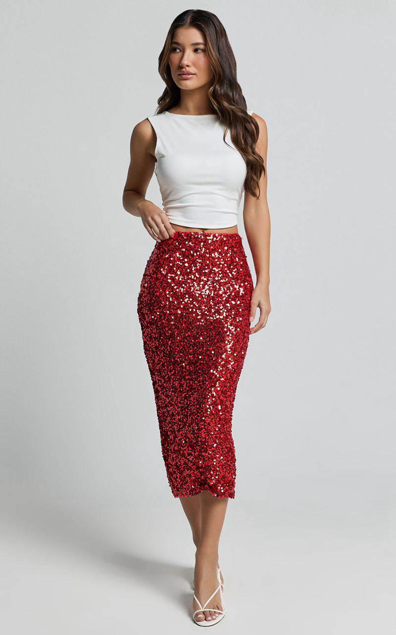 Showpo Hasley Midi Skirt - Sequin Bodycon Skirt Red | UIMJDN136