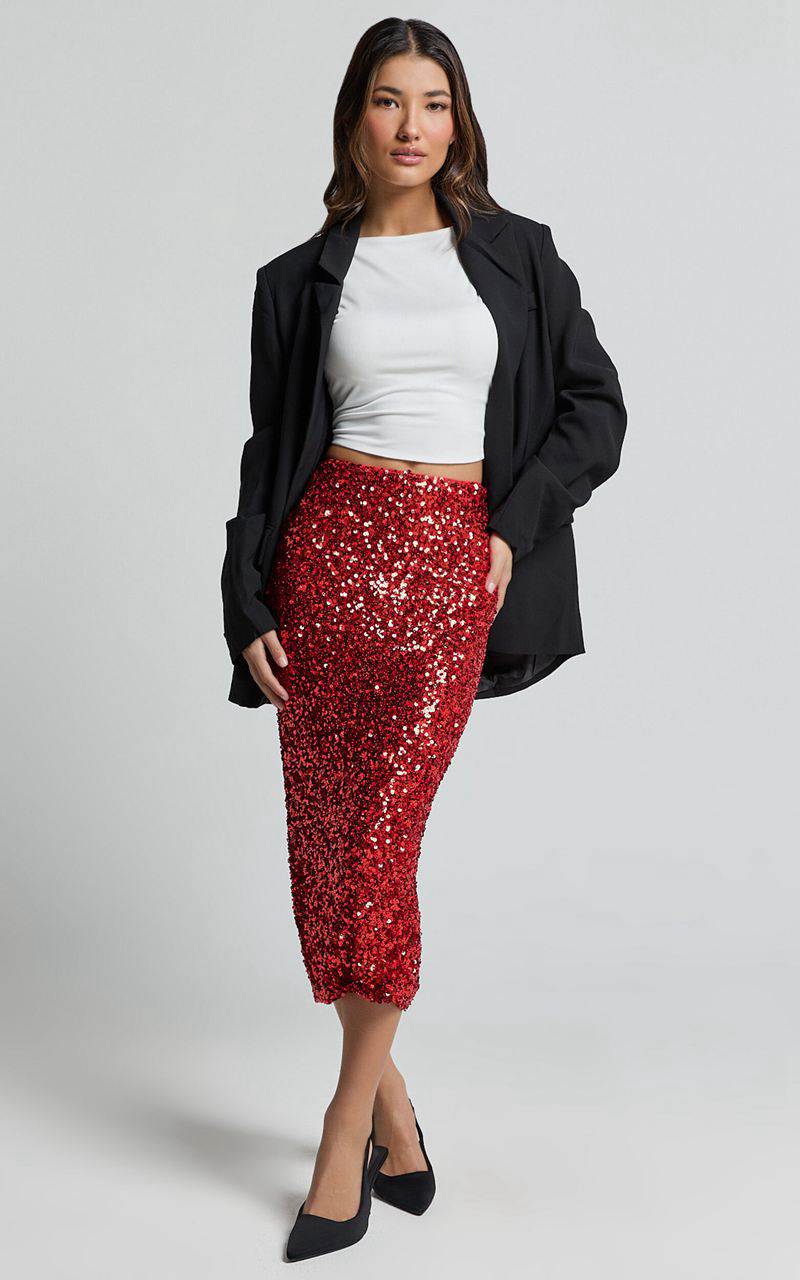 Showpo Hasley Midi Skirt - Sequin Bodycon Skirt Red | UIMJDN136