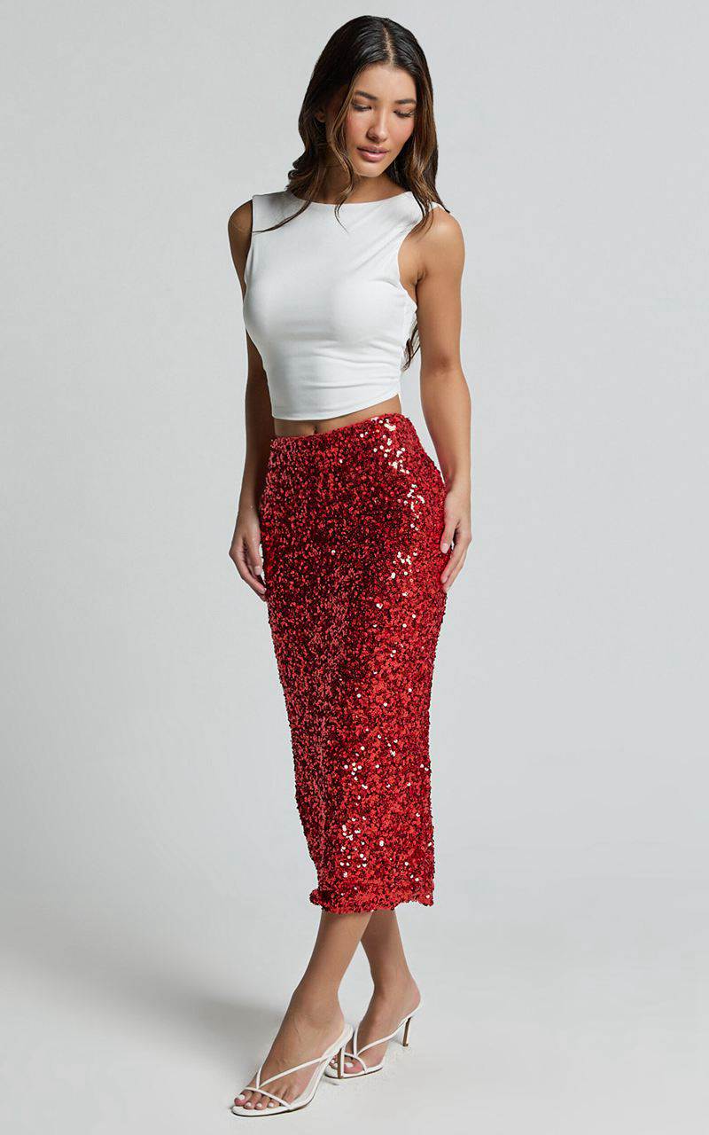 Showpo Hasley Midi Skirt - Sequin Bodycon Skirt Red | UIMJDN136