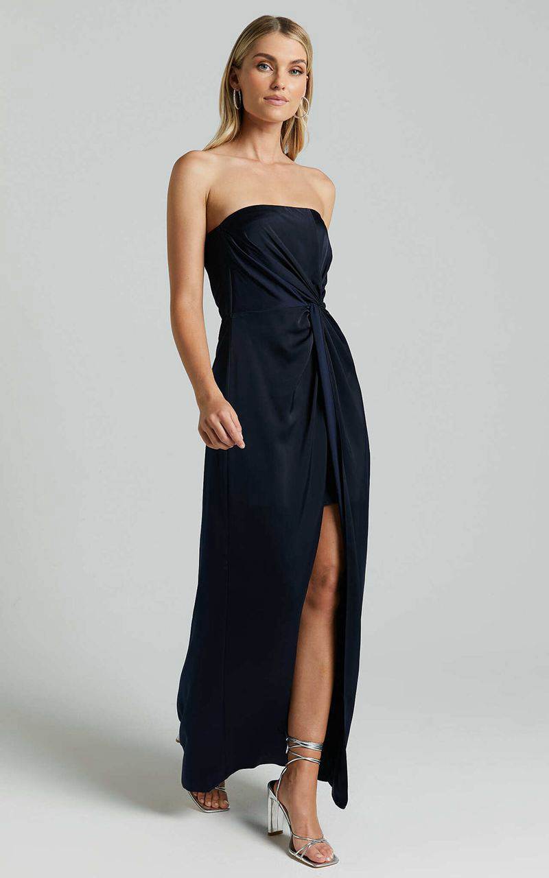 Showpo Hathaway Maxi Dress - Strapless Straight Neck Twist Front Split Navy | DLUKTX048