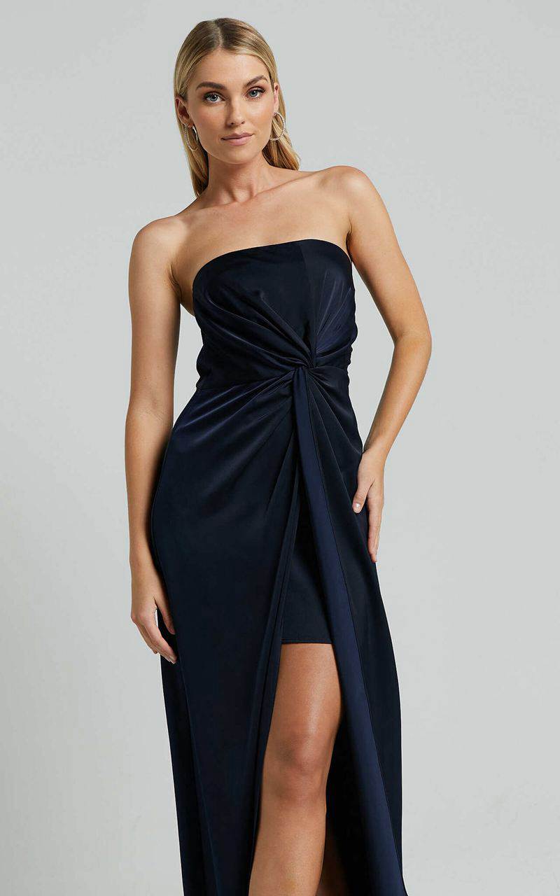 Showpo Hathaway Maxi Dress - Strapless Straight Neck Twist Front Split Navy | DLUKTX048