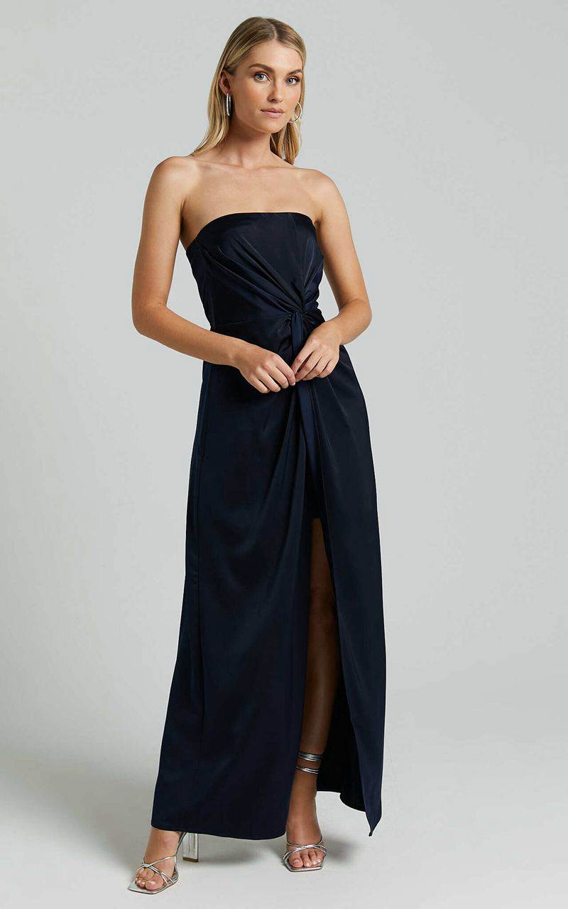 Showpo Hathaway Maxi Dress - Strapless Straight Neck Twist Front Split Navy | DLUKTX048