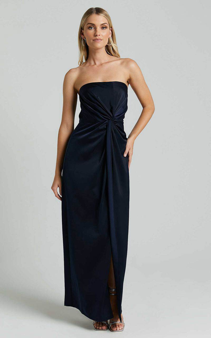 Showpo Hathaway Maxi Dress - Strapless Straight Neck Twist Front Split Navy | DLUKTX048