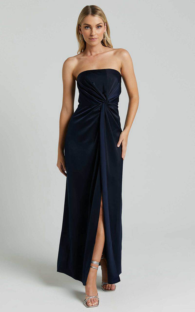 Showpo Hathaway Maxi Dress - Strapless Straight Neck Twist Front Split Navy | DLUKTX048