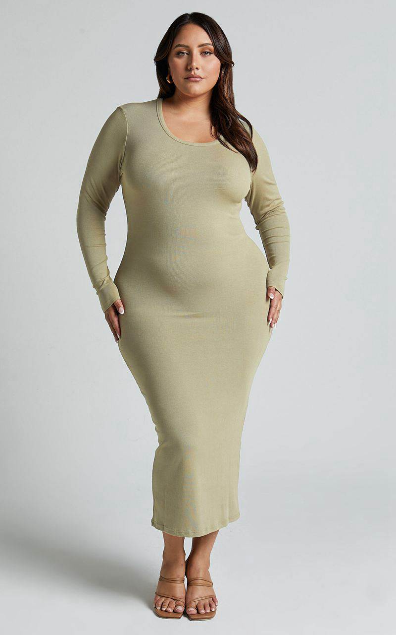 Showpo Hawkins Midi Dress - Long Sleeve Bodycon Dress Light Moss | DFBAVI514