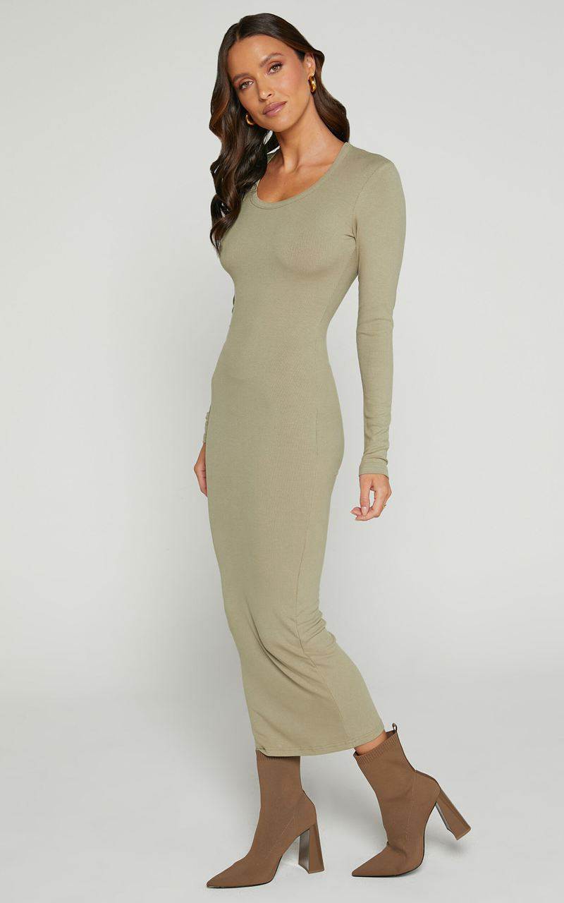 Showpo Hawkins Midi Dress - Long Sleeve Bodycon Dress Light Moss | DFBAVI514