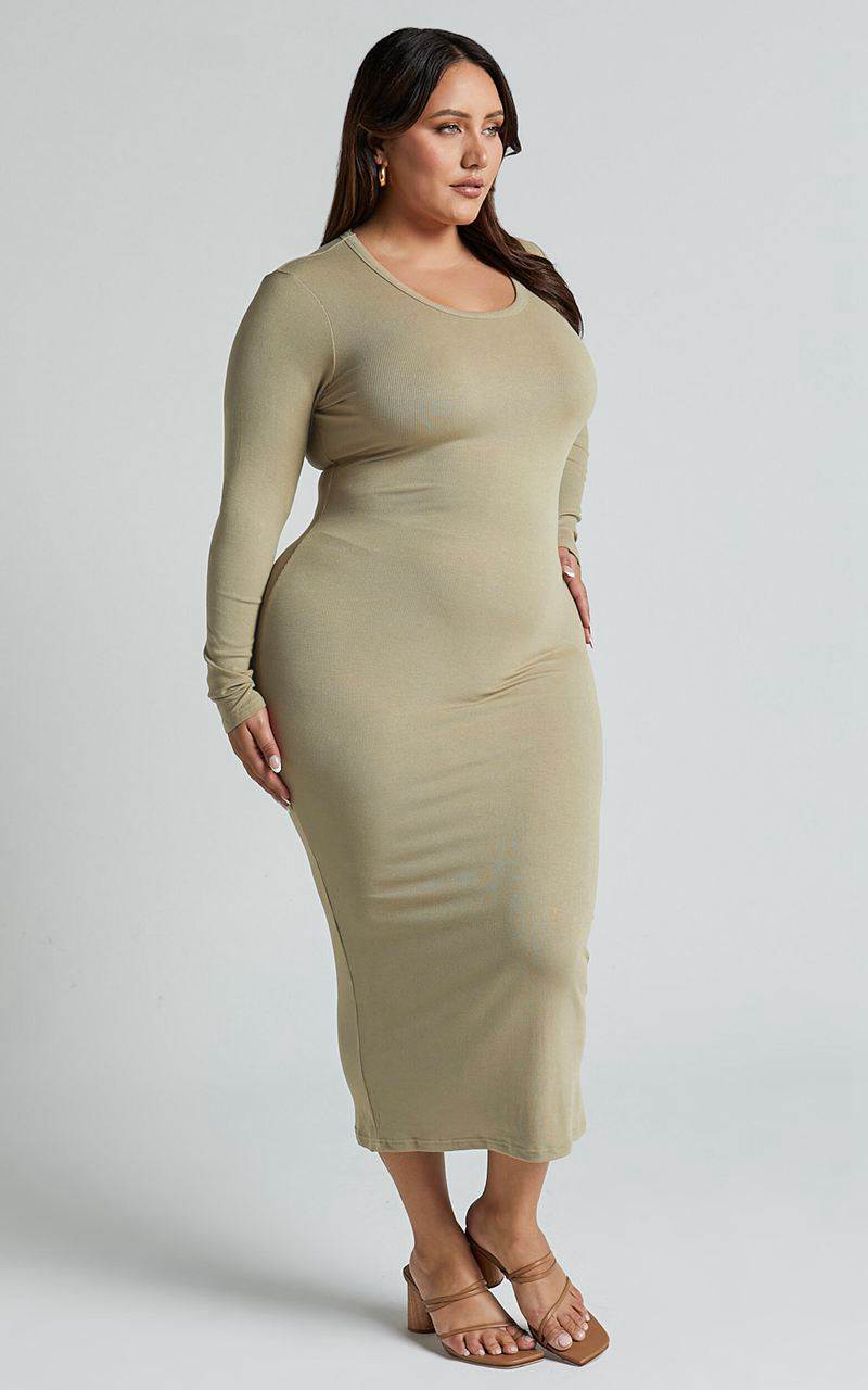 Showpo Hawkins Midi Dress - Long Sleeve Bodycon Dress Light Moss | DFBAVI514