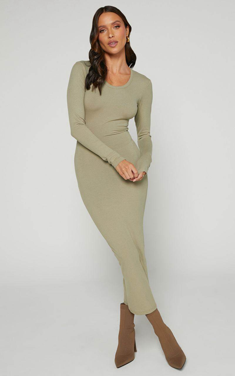 Showpo Hawkins Midi Dress - Long Sleeve Bodycon Dress Light Moss | DFBAVI514