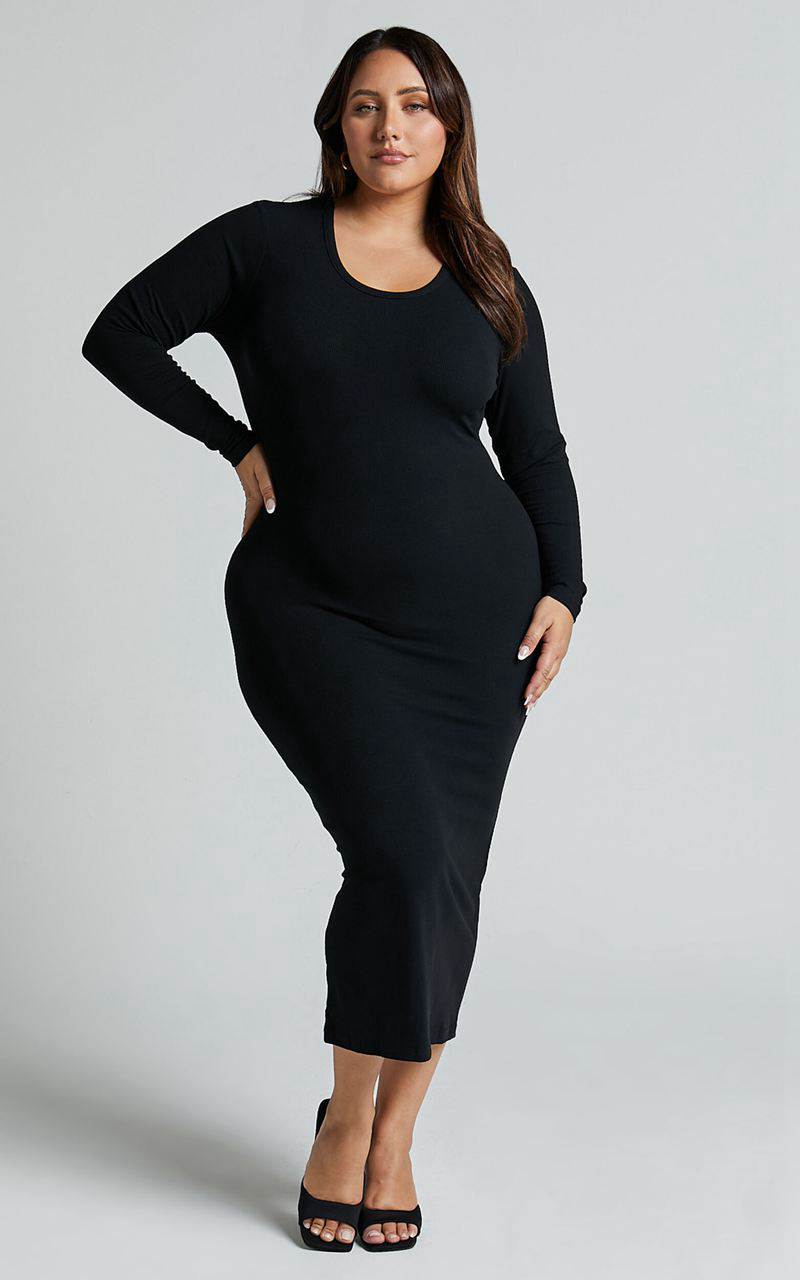 Showpo Hawkins Midi Dress - Long Sleeve Bodycon Dress Black | QUPOXY462