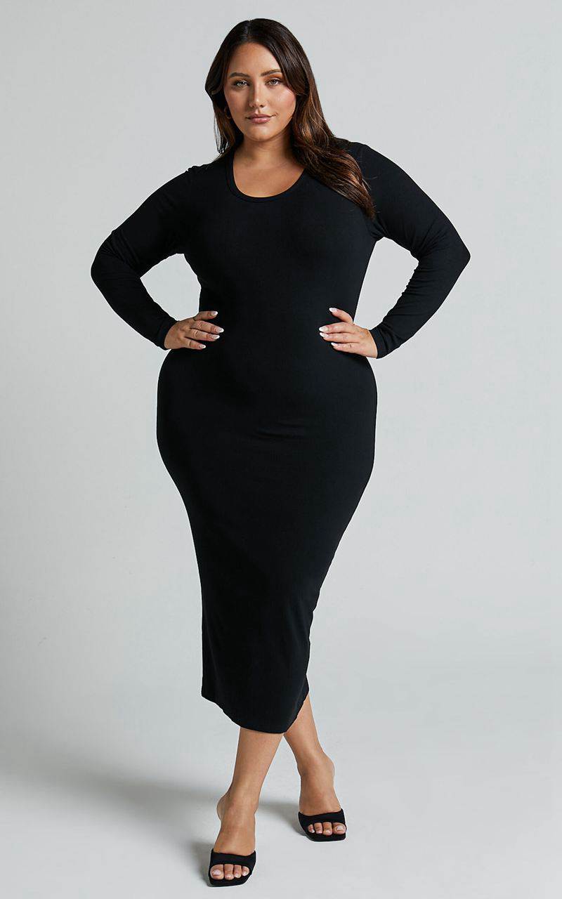 Showpo Hawkins Midi Dress - Long Sleeve Bodycon Dress Black | QUPOXY462