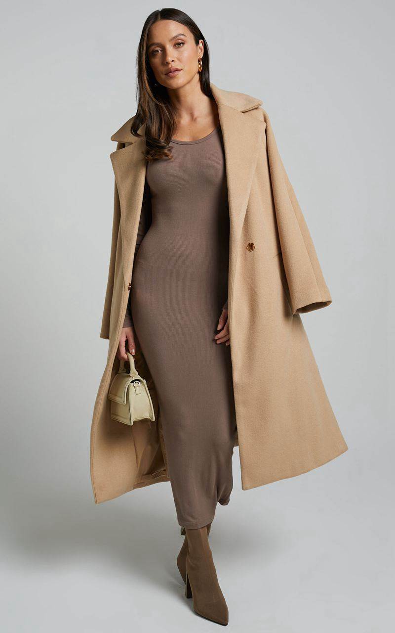 Showpo Hawkins Midi Dress - Long Sleeve Bodycon Dress Taupe | SRYGMX678