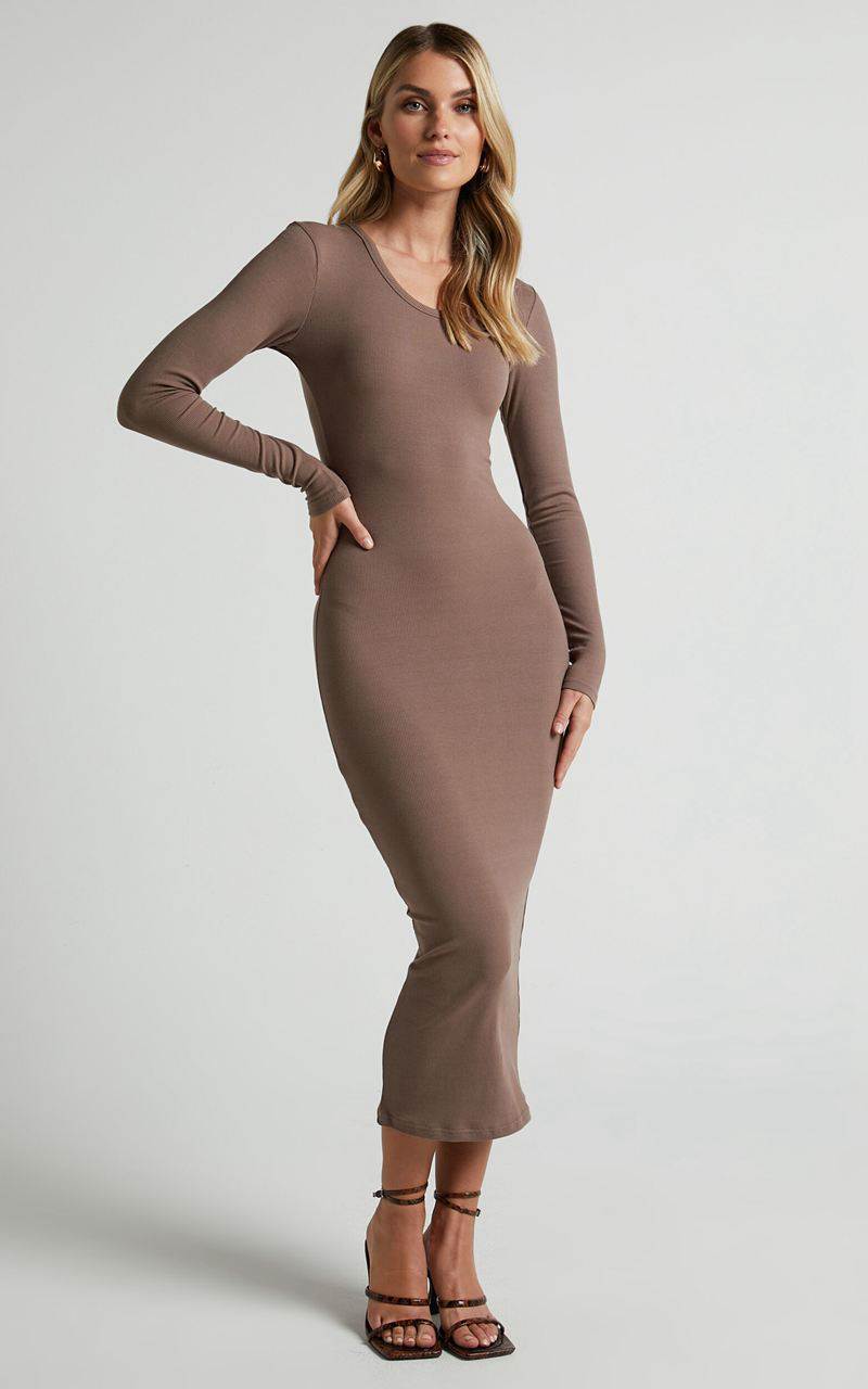 Showpo Hawkins Midi Dress - Long Sleeve Bodycon Dress Taupe | SRYGMX678