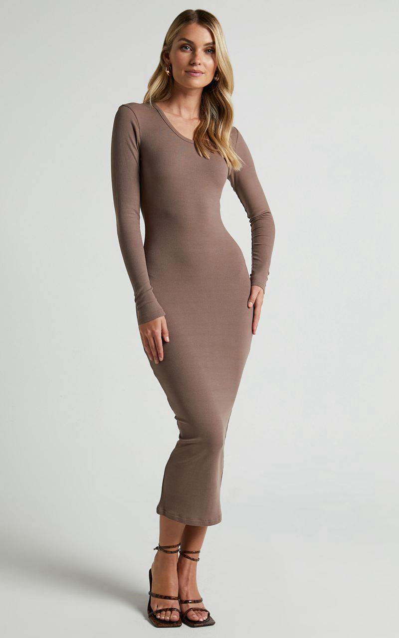 Showpo Hawkins Midi Dress - Long Sleeve Bodycon Dress Taupe | SRYGMX678