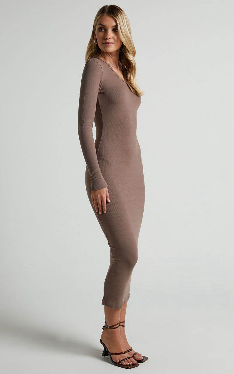 Showpo Hawkins Midi Dress - Long Sleeve Bodycon Dress Taupe | SRYGMX678