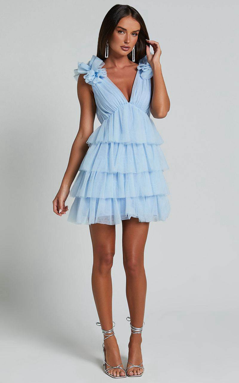 Showpo Hayden Mini Dress - Low Back Tulle Tiered Dress Light Blue | XIRULN416