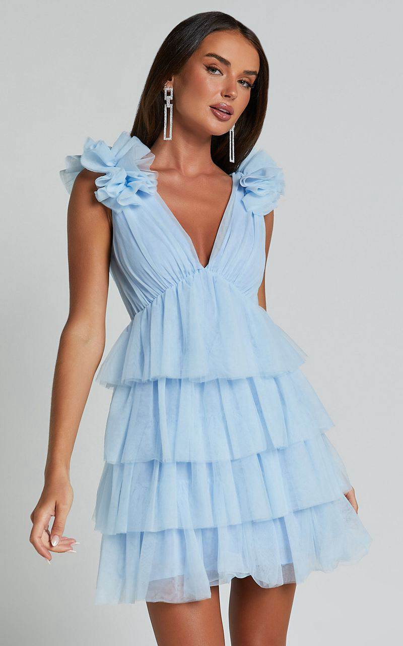 Showpo Hayden Mini Dress - Low Back Tulle Tiered Dress Light Blue | XIRULN416