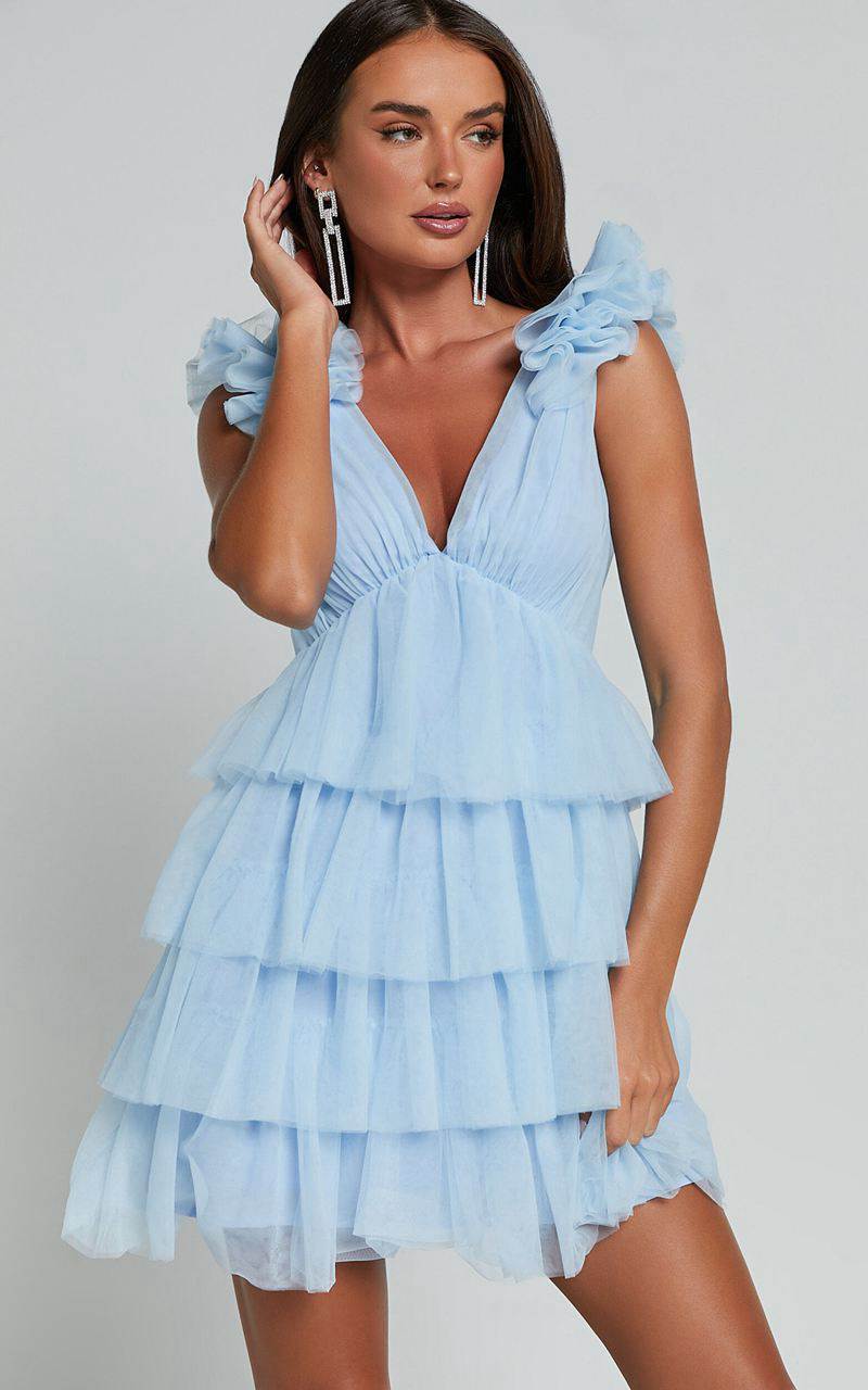 Showpo Hayden Mini Dress - Low Back Tulle Tiered Dress Light Blue | XIRULN416