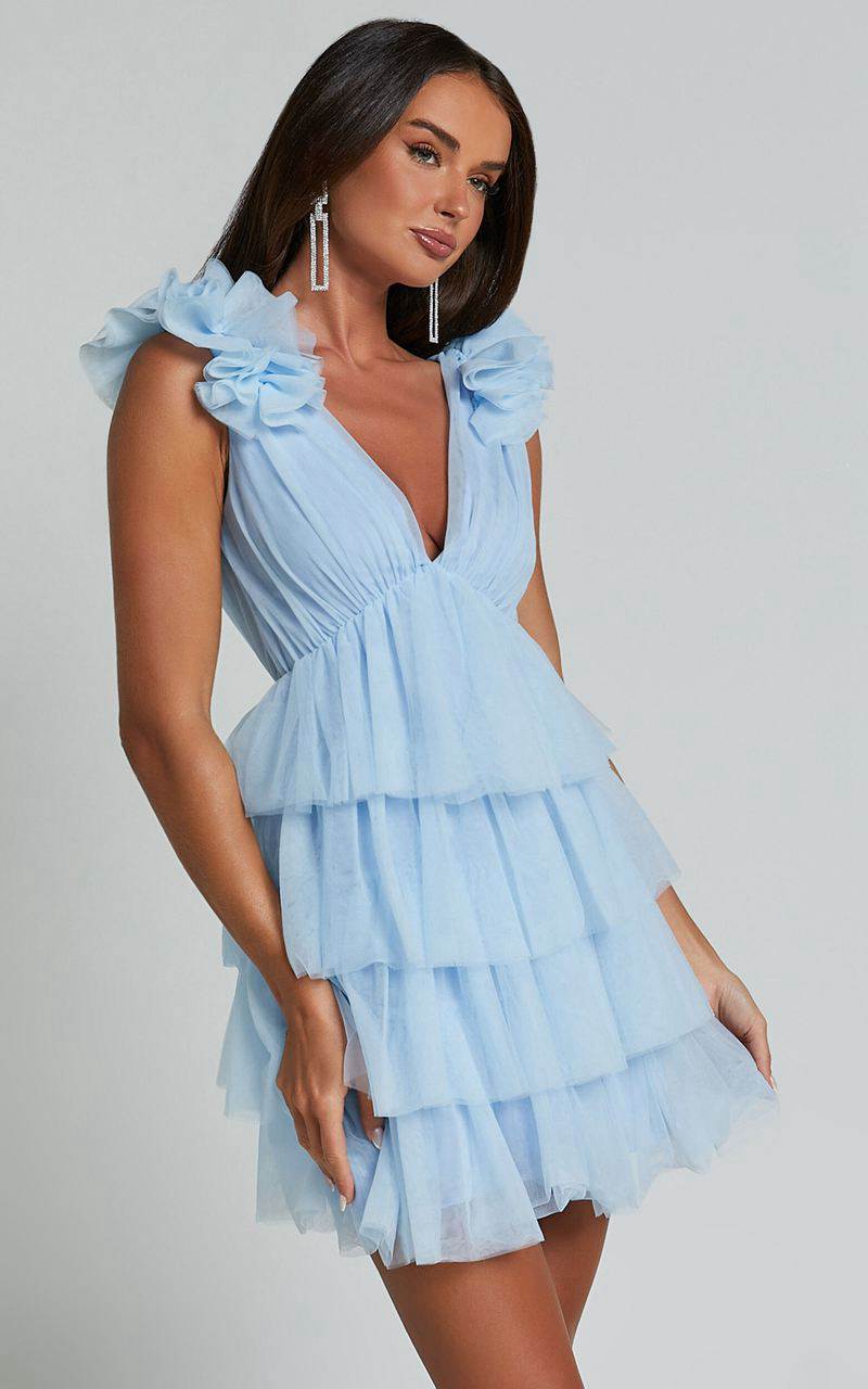 Showpo Hayden Mini Dress - Low Back Tulle Tiered Dress Light Blue | XIRULN416