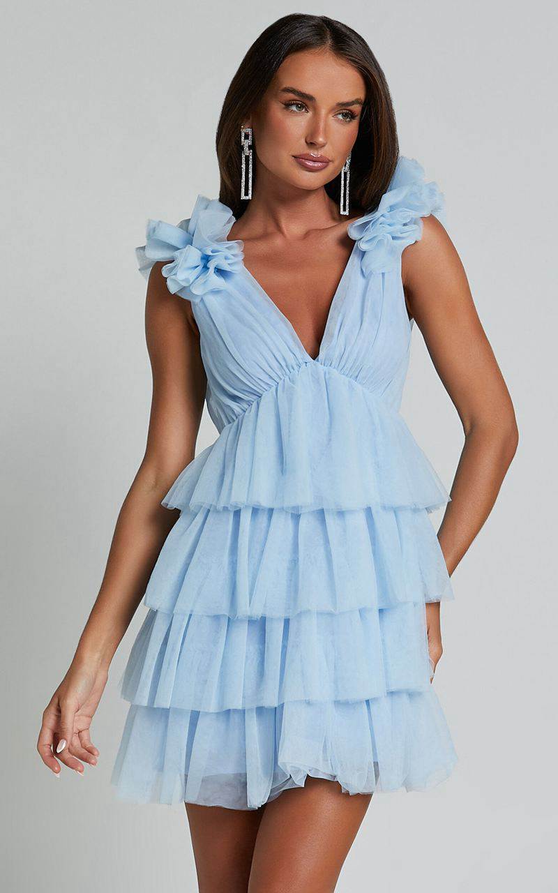 Showpo Hayden Mini Dress - Low Back Tulle Tiered Dress Light Blue | XIRULN416