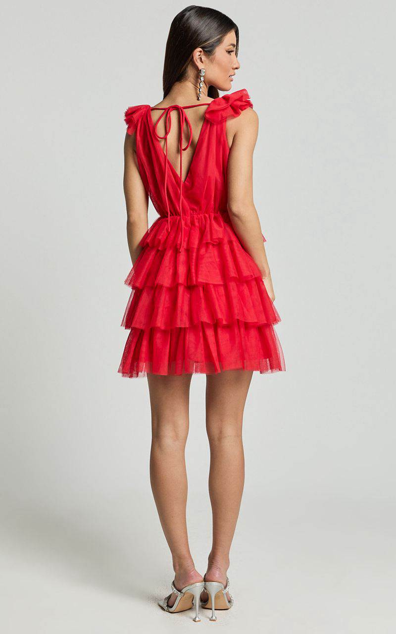 Showpo Hayden Mini Dress - Low Back Tulle Tiered Dress Red | ZICBSM850