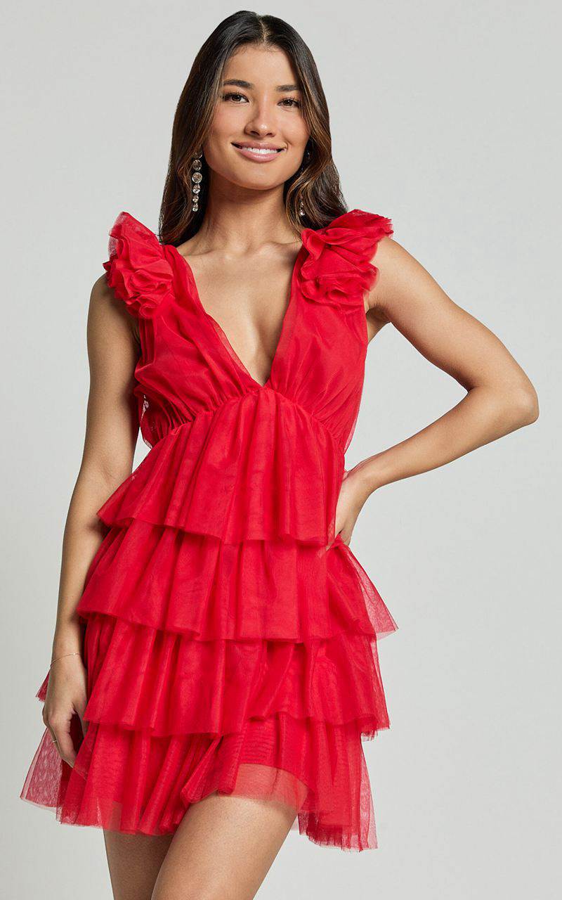 Showpo Hayden Mini Dress - Low Back Tulle Tiered Dress Red | ZICBSM850