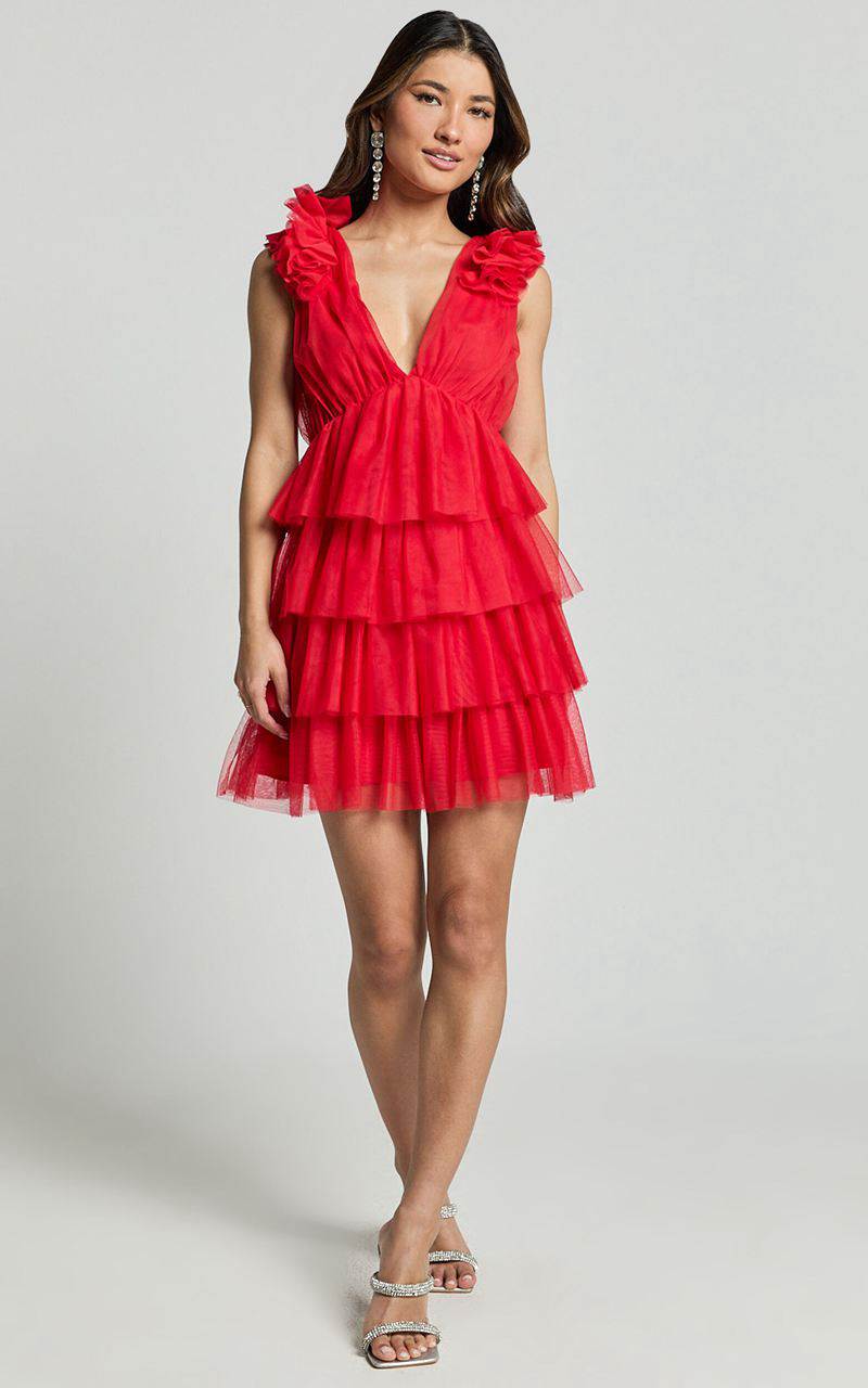 Showpo Hayden Mini Dress - Low Back Tulle Tiered Dress Red | ZICBSM850