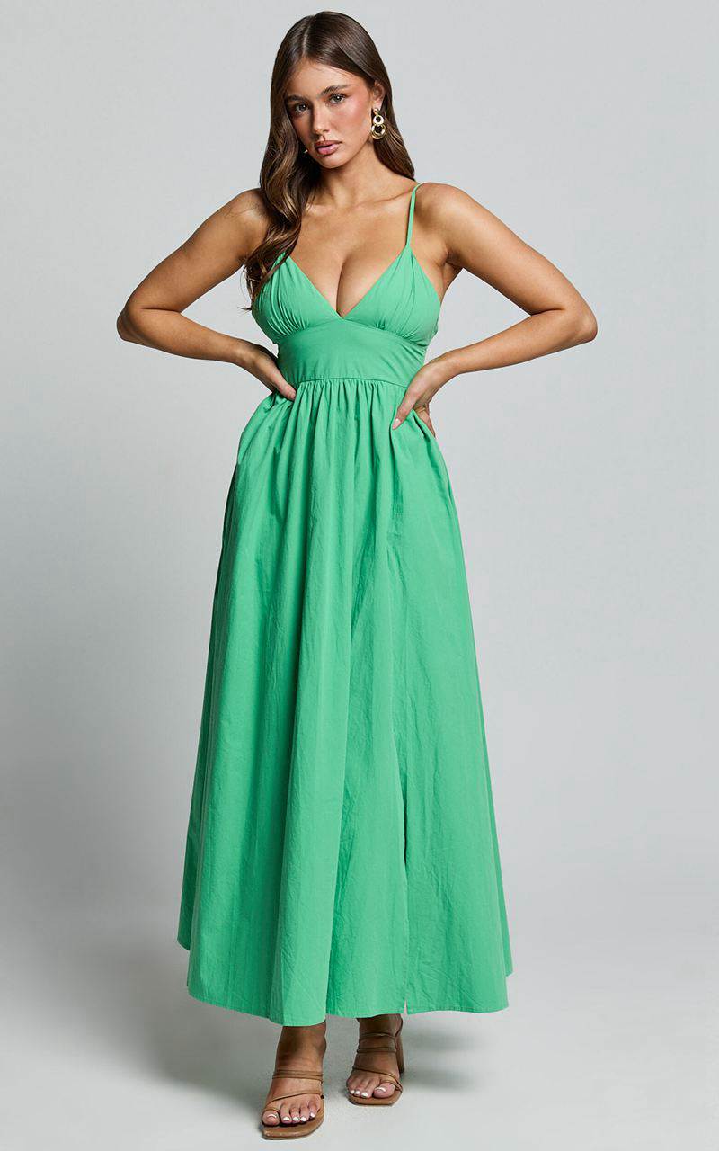 Showpo Haydie Maxi Dress - V Neck Thigh Split Dress Green | AVETPH042