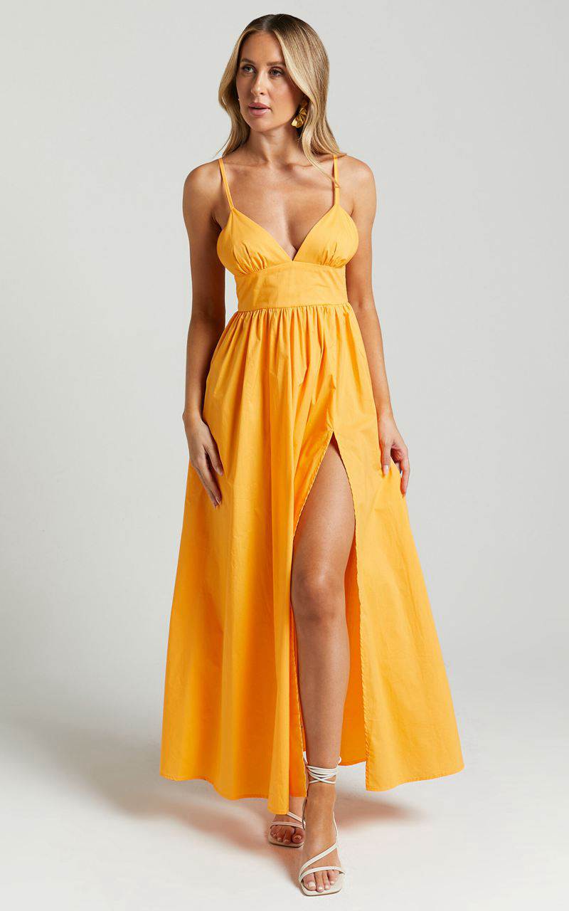 Showpo Haydie Maxi Dress - V Neck Thigh Split Dress Marigold | DKZRHS362