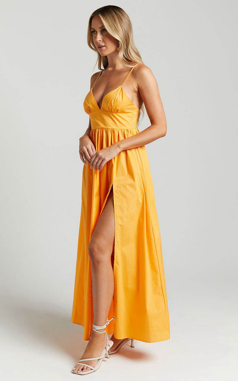 Showpo Haydie Maxi Dress - V Neck Thigh Split Dress Marigold | DKZRHS362