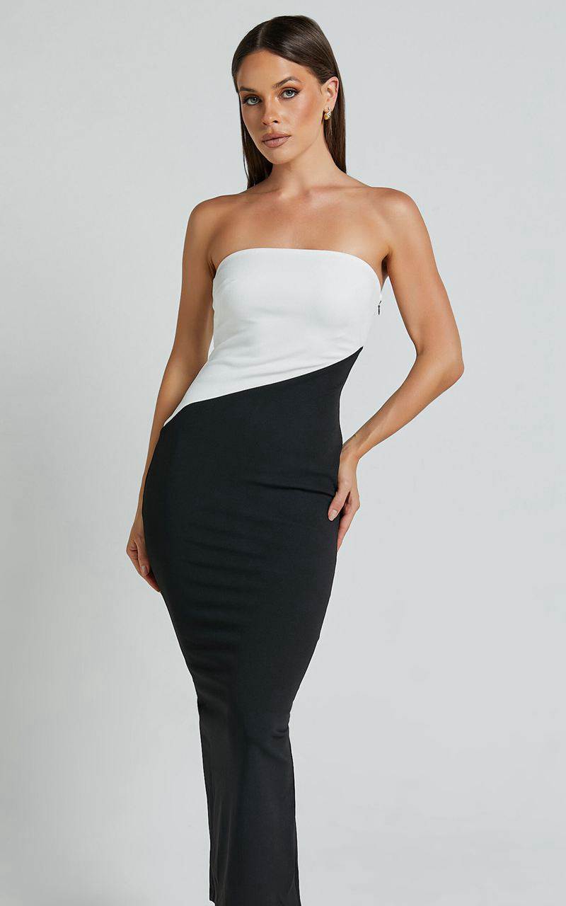 Showpo Hayley Midi Dress - Strapless Bodycon Dress Black White | NQWGKT653