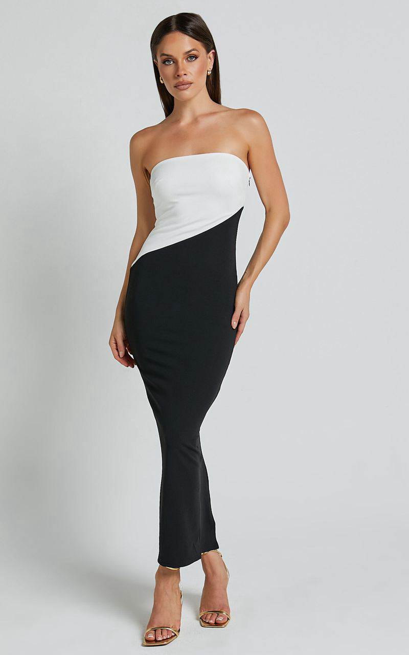 Showpo Hayley Midi Dress - Strapless Bodycon Dress Black White | NQWGKT653