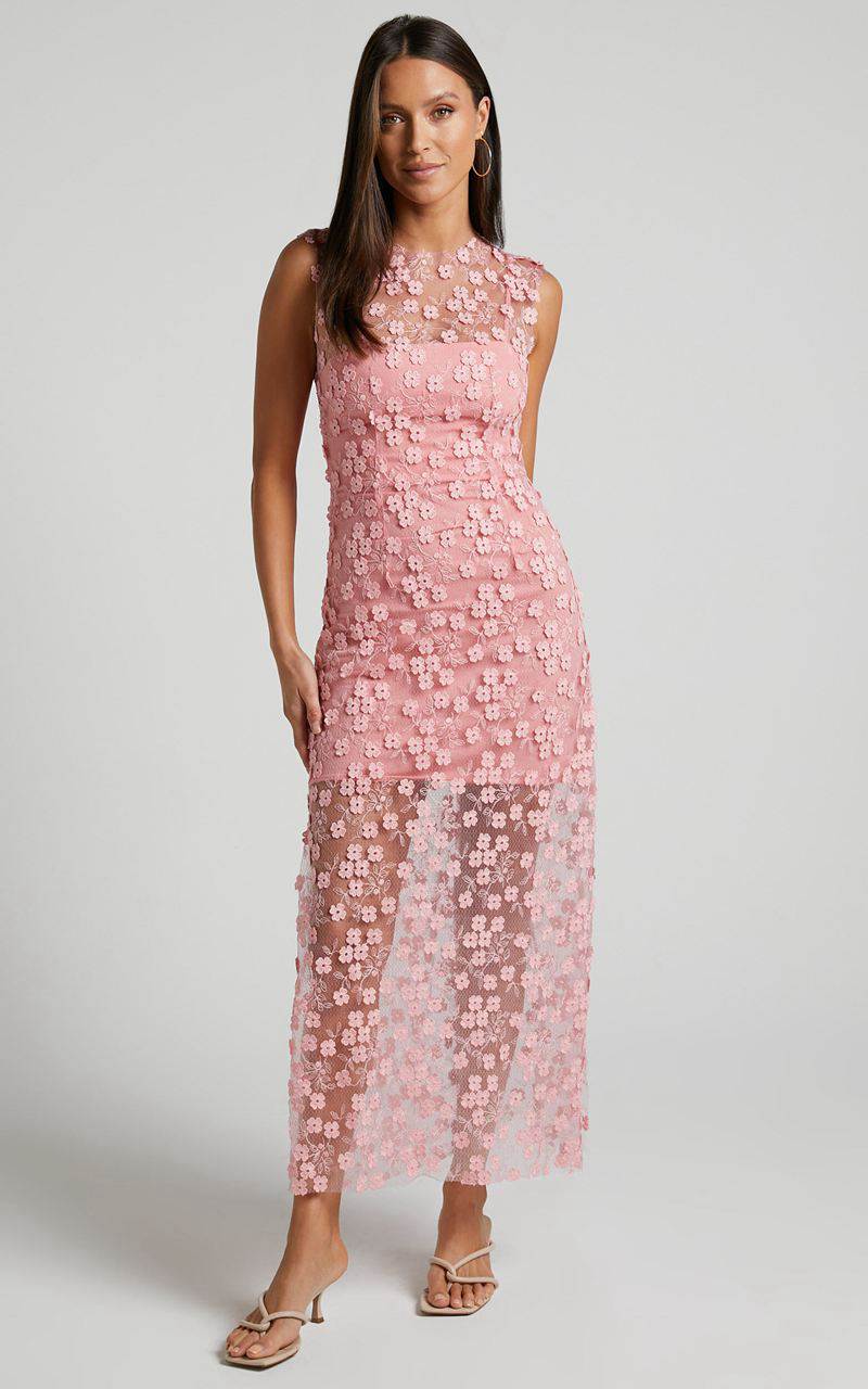 Showpo Hazel Midi Dress - 3d Flower Net Bodycon Dress Pink | LZWGQJ345