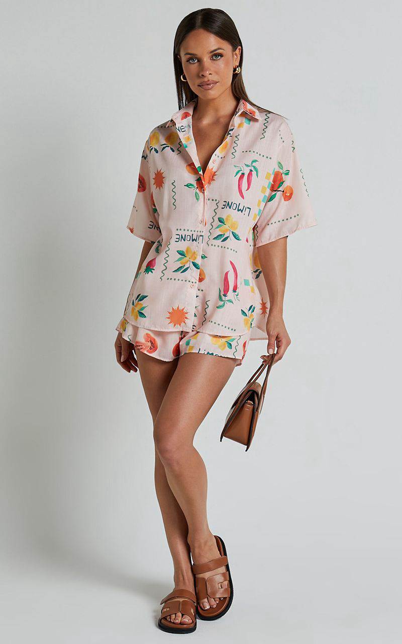 Showpo Hazel Two Piece Set - Short Sleeve Shirt & Short Set Peach Print | JWFZGL735