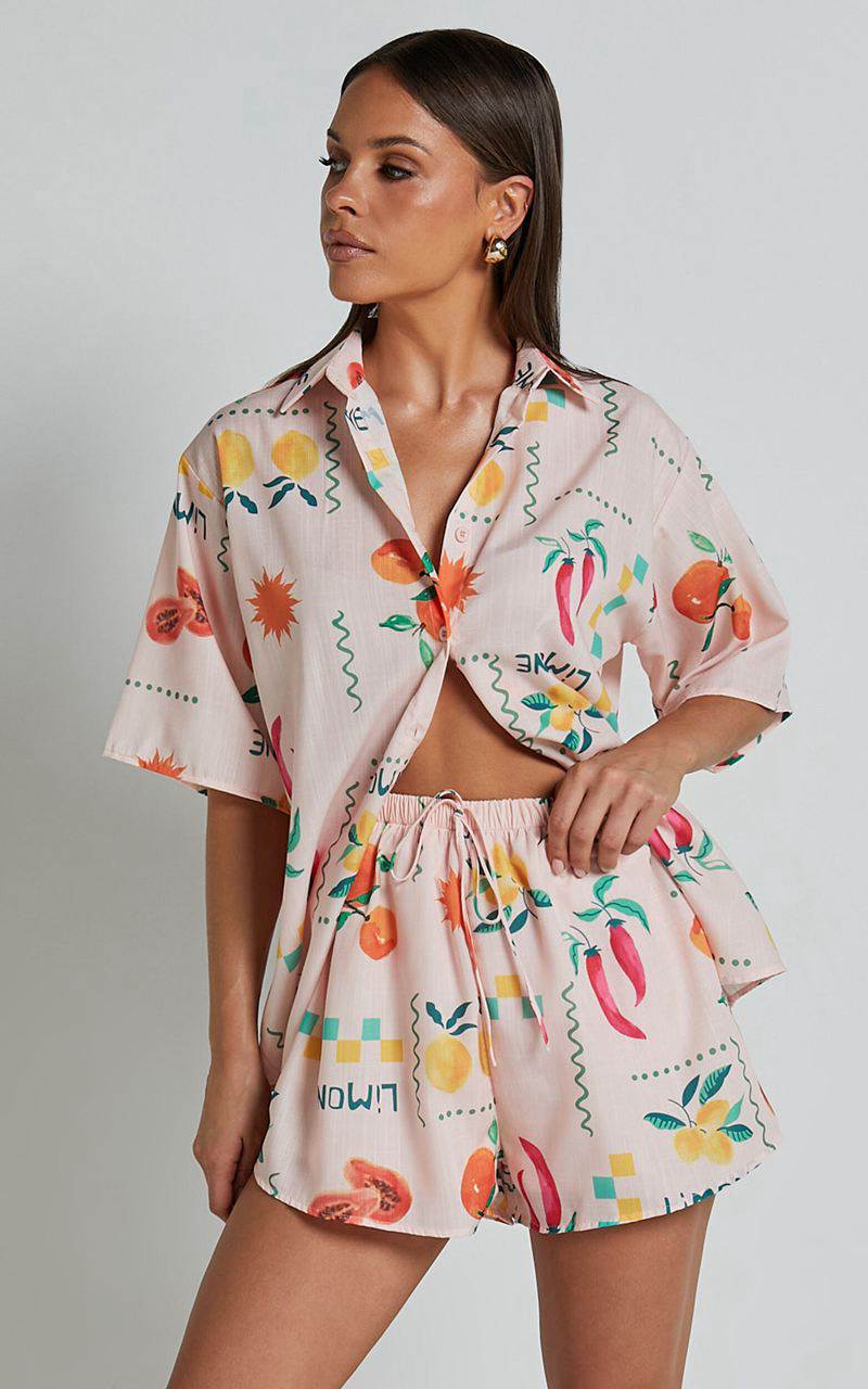 Showpo Hazel Two Piece Set - Short Sleeve Shirt & Short Set Peach Print | JWFZGL735