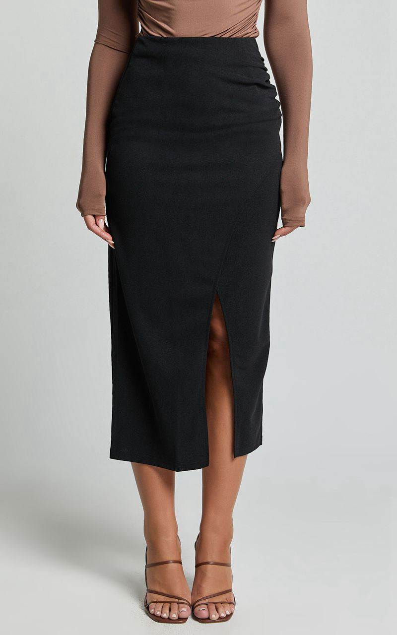 Showpo Heidi Midi Skirt - Faux Wrap Skirt Black | YDUQSJ137