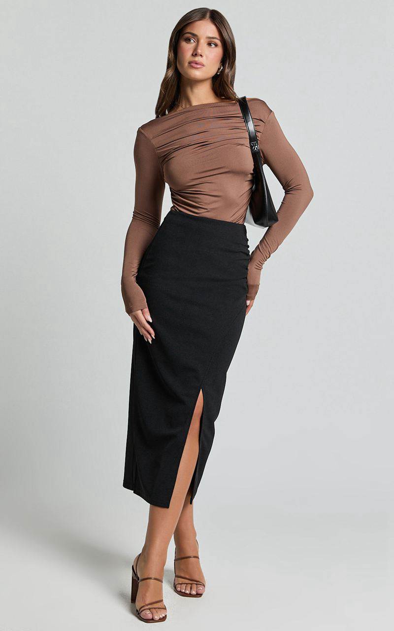 Showpo Heidi Midi Skirt - Faux Wrap Skirt Black | YDUQSJ137