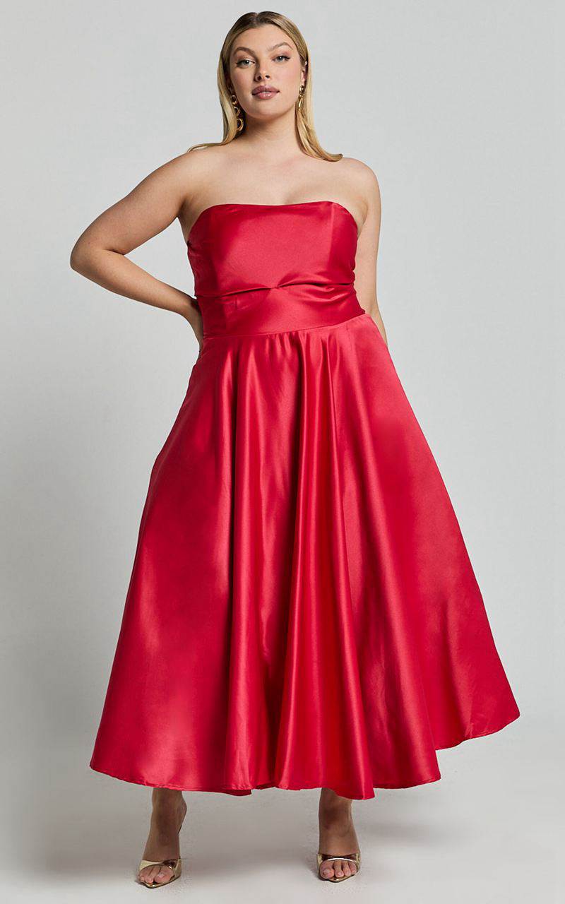 Showpo Helaina Midi Dress - Strapless A-Line Satin Dress Red | XFMZAL198