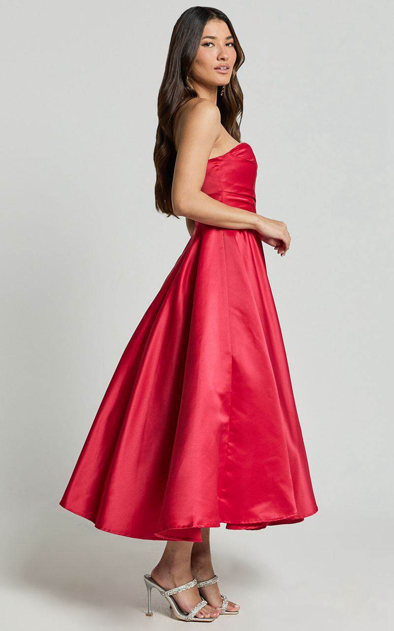 Showpo Helaina Midi Dress - Strapless A-Line Satin Dress Red | XFMZAL198