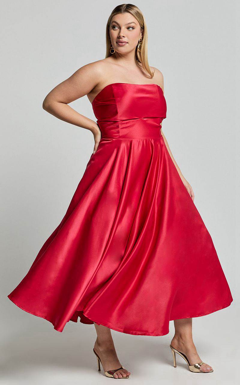 Showpo Helaina Midi Dress - Strapless A-Line Satin Dress Red | XFMZAL198