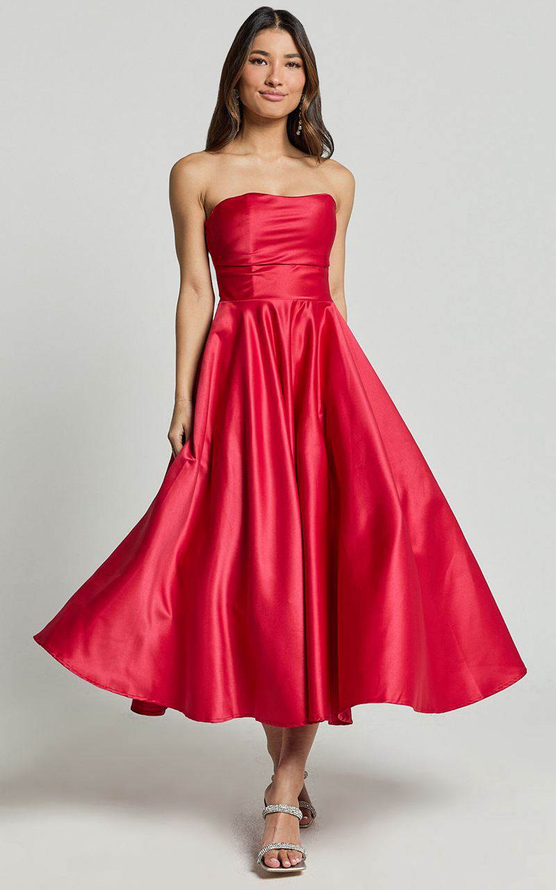 Showpo Helaina Midi Dress - Strapless A-Line Satin Dress Red | XFMZAL198