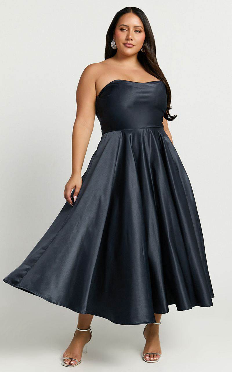 Showpo Helaina Midi Dress - Strapless A-Line Satin Dress Navy | UXVSDW832