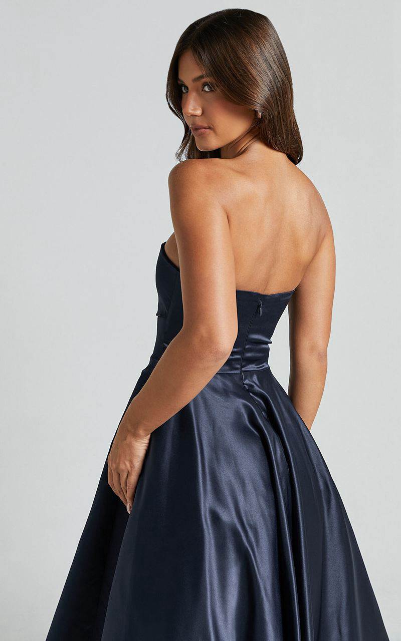 Showpo Helaina Midi Dress - Strapless A-Line Satin Dress Navy | UXVSDW832