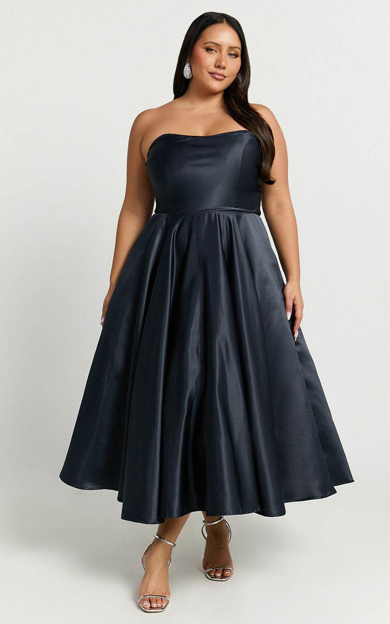 Showpo Helaina Midi Dress - Strapless A-Line Satin Dress Navy | UXVSDW832