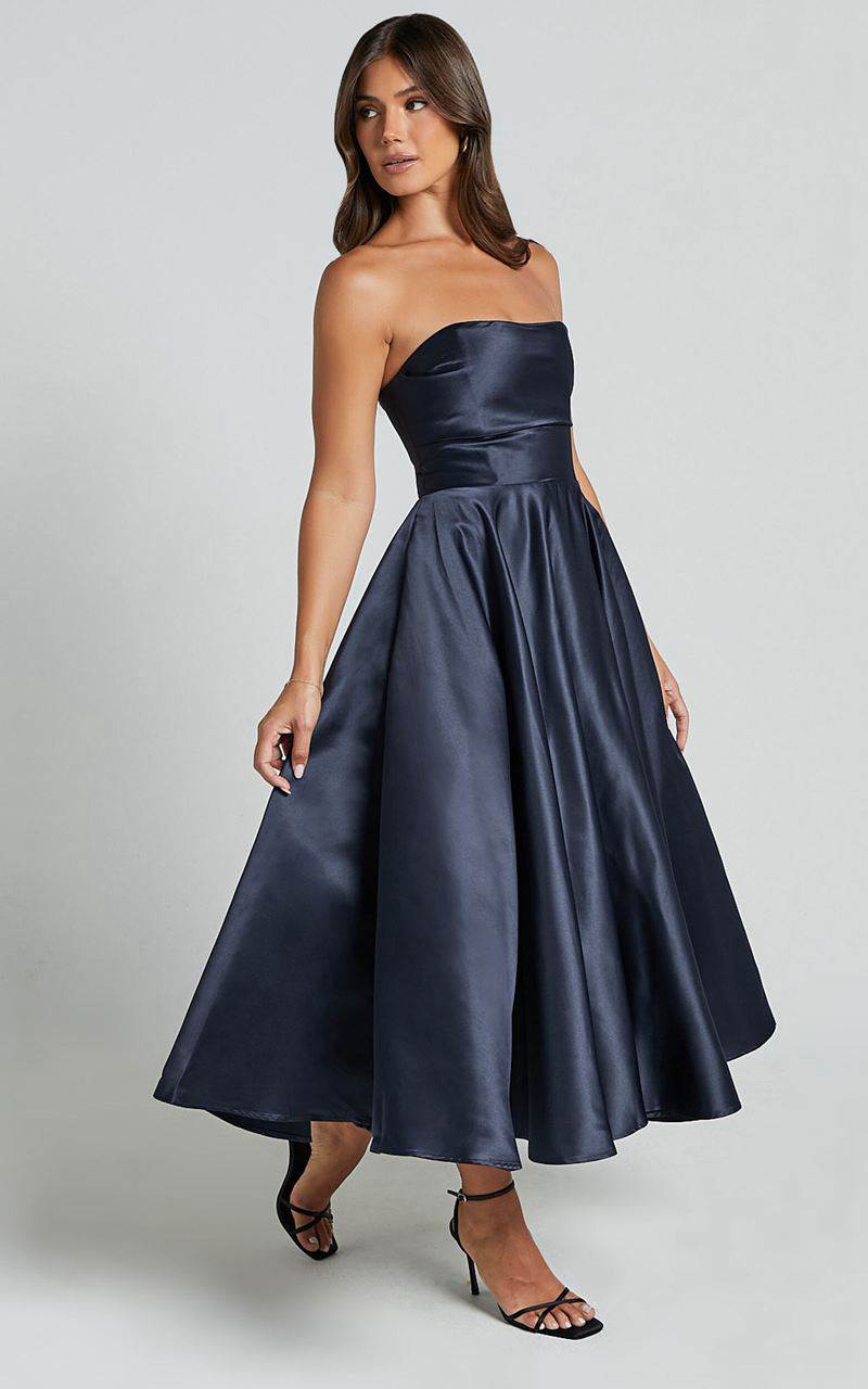 Showpo Helaina Midi Dress - Strapless A-Line Satin Dress Navy | UXVSDW832