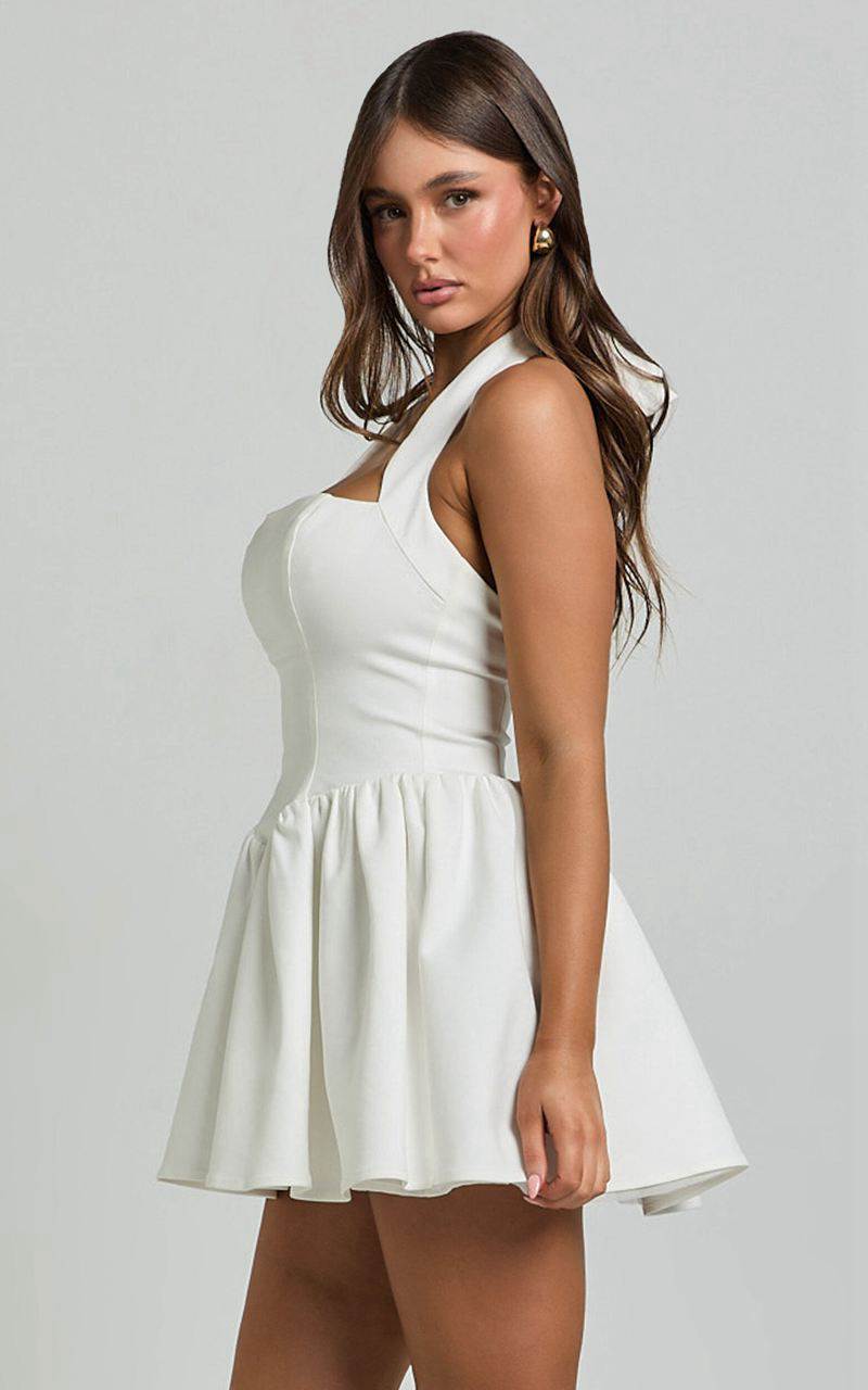 Showpo Helda Mini Dress - Halter Tie Neck Corset Panel Dress White | SDKBNJ312