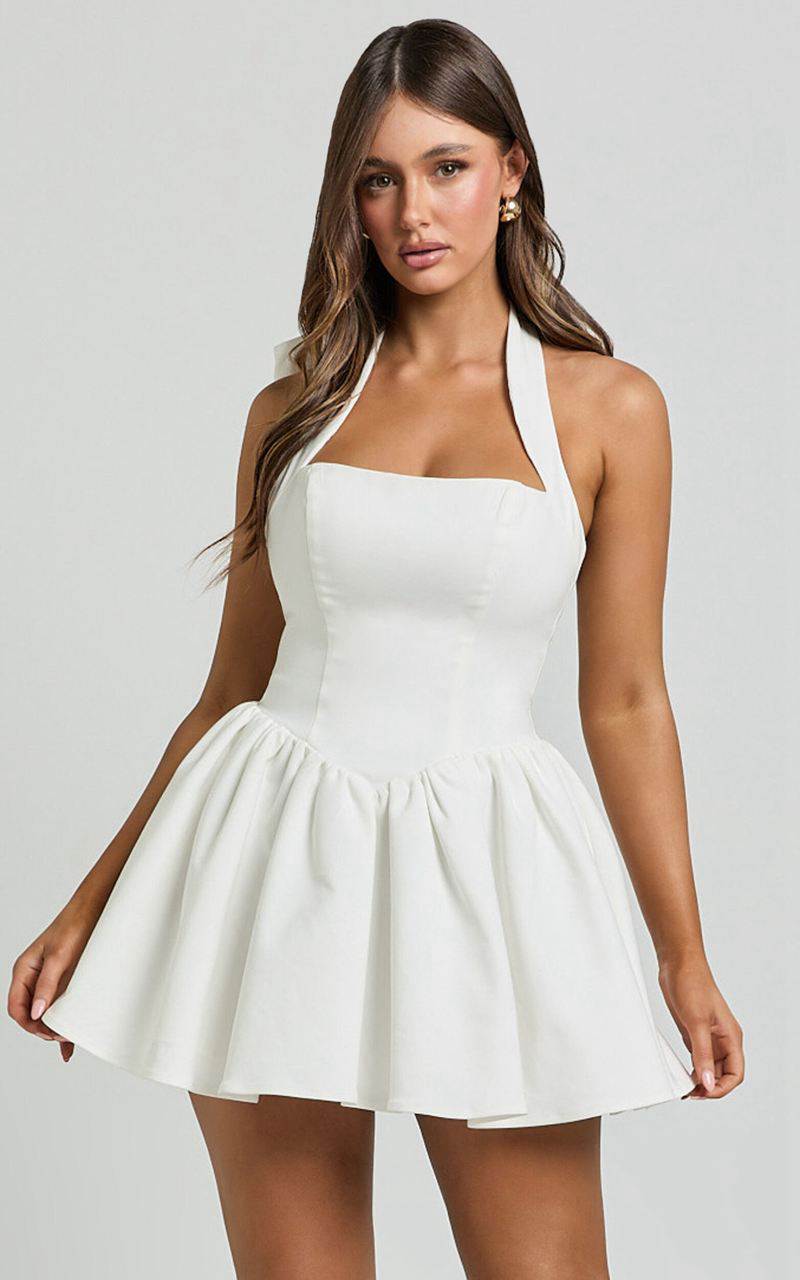 Showpo Helda Mini Dress - Halter Tie Neck Corset Panel Dress White | SDKBNJ312