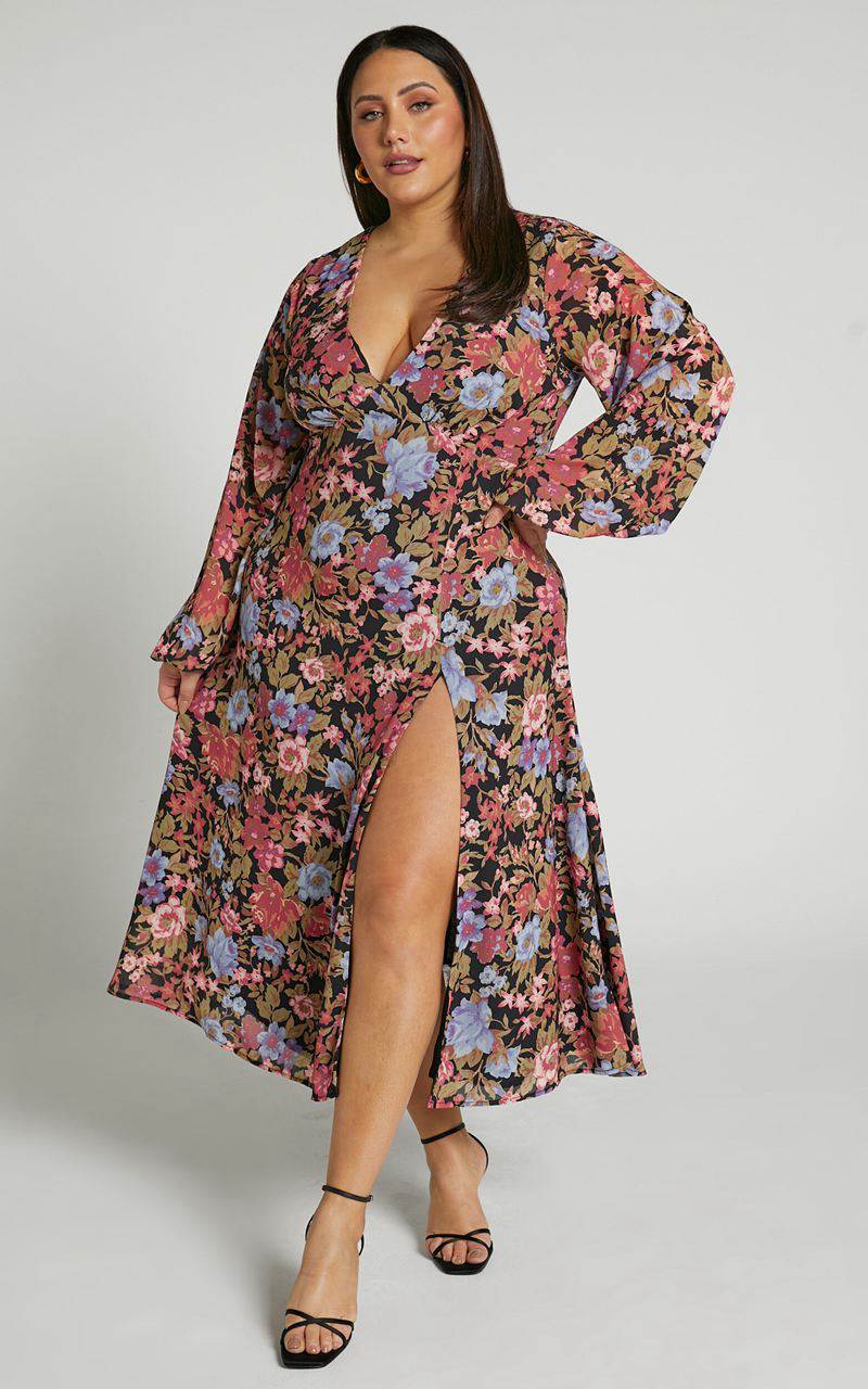 Showpo Henny Midi Dress - Long Sleeve Split Dress Dusk Floral | LYCUFB968