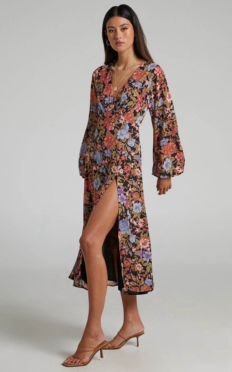 Showpo Henny Midi Dress - Long Sleeve Split Dress Dusk Floral | LYCUFB968